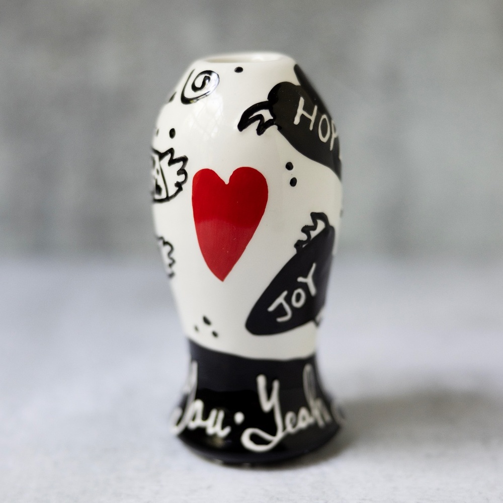 With Love Joanne Delomba black white red heart ceramic vase Lotus vintage 5 1/4"